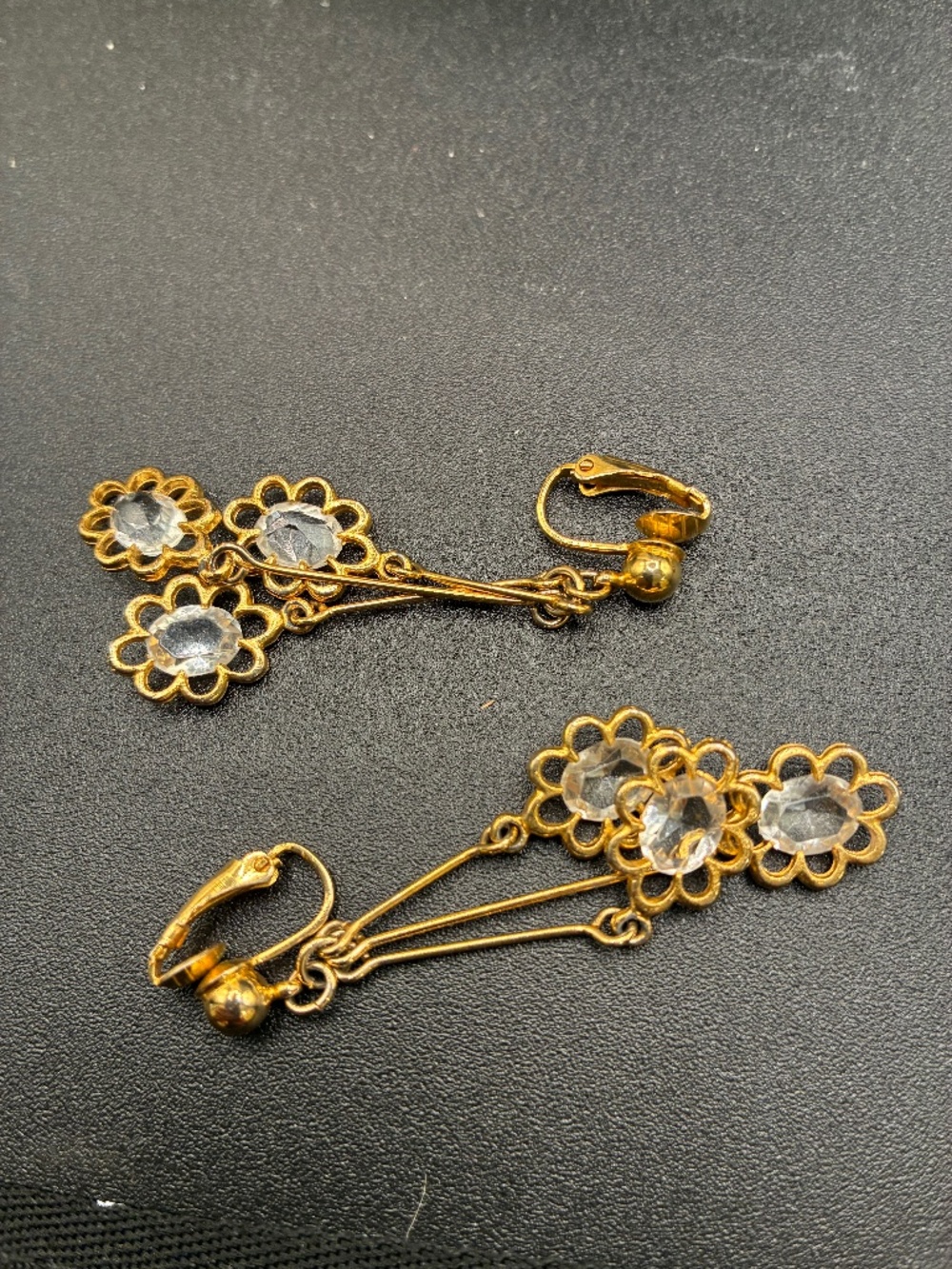 Delicate vintage 70’s dangle gold clip-on earrings crystal highlights.